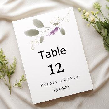 Small Lavender Mint Gold Watercolor Floral Table Number Front View