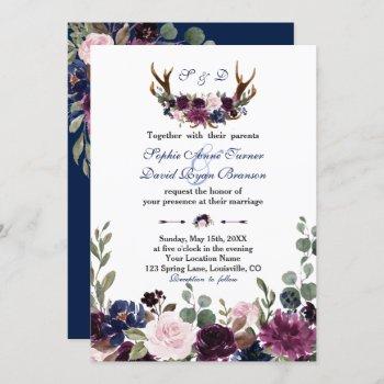 lavender navy blue floral bloom antlers wedding invitation