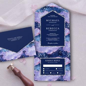 lavender periwinkle glitter agate marble wedding all in one invitation