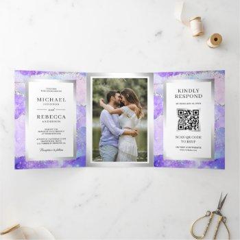 lavender purple agate marble qr code wedding tri-fold invitation