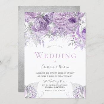 lavender purple silver floral wedding invitation