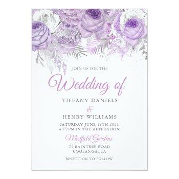 Small Lavender Purple Sparkle Floral Wedding Invite Front View