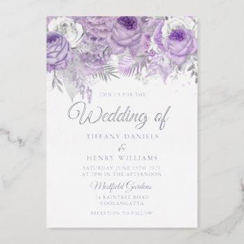 lavender purple sparkle floral wedding silver foil invitation