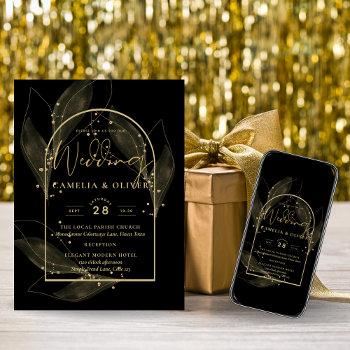 Small Leahg Black Gold Leaves Modern Wedding Invite Front View