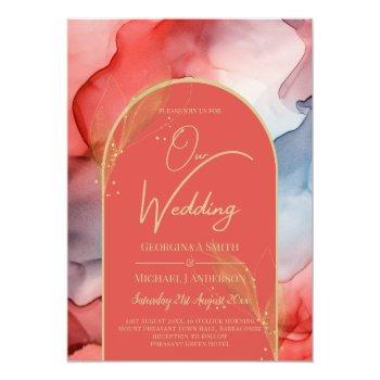 Small Leahg Coral Navy Blue Gold Ink Wedding Invite Flyer Front View