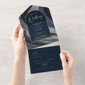 leahg navy blue gold agate starry night wedding  all in one invitation
