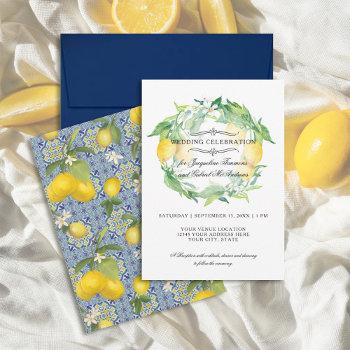 lemon citrus floral blue tile watercolor wedding invitation