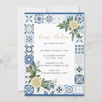 lemon citrus spanish tile pattern wedding invitation
