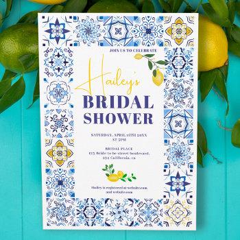 lemon italian blue tiles watercolor bridal shower  invitation