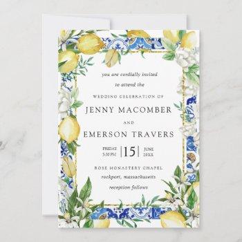 lemon white floral blue mosaic tile wedding invita invitation