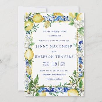 lemon white floral blue mosaic tile wedding  invitation