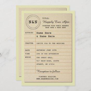 Small Library Wedding  Book Theme Invite Front View