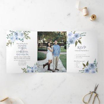 Small Light Blue & Navy Watercolor Floral Photo Wedding Tri-fold Front View