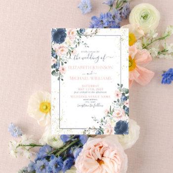 light dusty blue blush pink gold floral wedding invitation