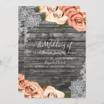 light peach roses grey rustic wood lace wedding invitation