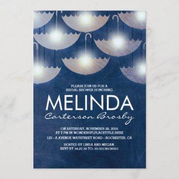 lights and umbrellas navy blue bridal shower invitation