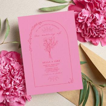 line art arch bouquet pink red wedding invitation