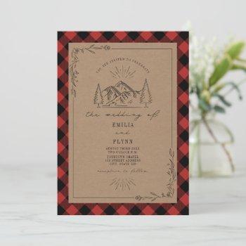 line art buffalo plaid mountain wedding invitation