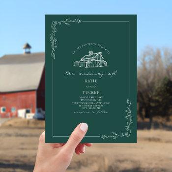 line art rustic barn emerald wedding  invitation