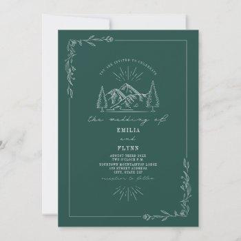line art woodland mountain dark teal wedding invitation