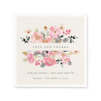 Small Lively Blush Pink Watercolor Floral Wedding Thanks Napkins Front View