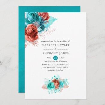living coral and turquoise floral wedding invitation