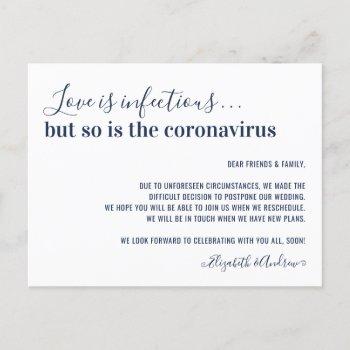 Small Love Is Infectious Navy Blue Wedding Postponement Announcement Post Front View