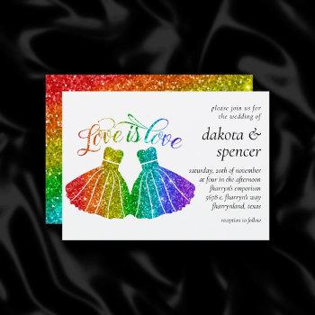 love is love | rainbow glitter lesbian wedding invitation