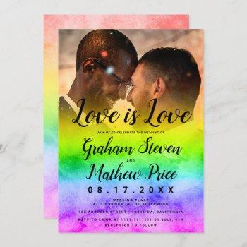 love is love watercolor raimbow photo gay wedding invitation