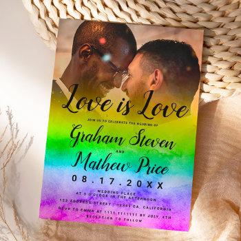 love is love watercolor raimbow photo gay wedding invitation