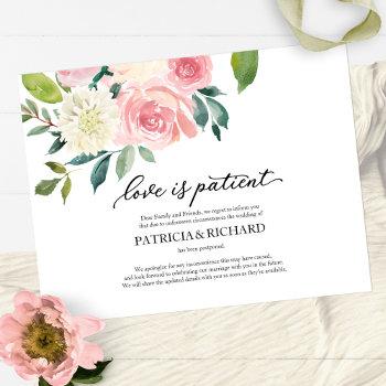 love is patient blush floral wedding postponement postcard