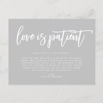 love is patient wedding postponement announcement postcard