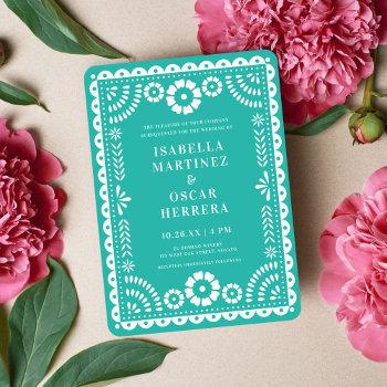 lovely aqua papel picado inspired wedding invitation