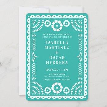 lovely aqua papel picado inspired wedding invitation