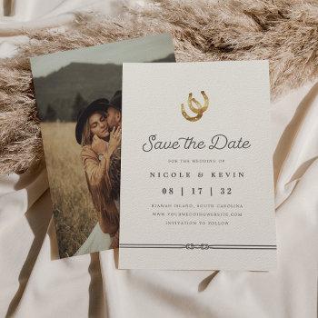 Small Lucky In Love | Rustic Horseshoes Photo Save The Date Front View