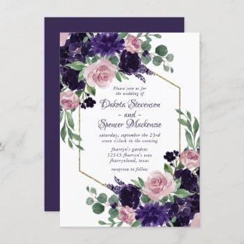 lush blossoms | pink and purple bouquet gold frame invitation