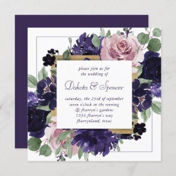 lush blossoms | pink and purple floral gold wreath invitation