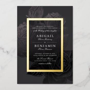 luxe rose black gold vintage botanical wedding foil invitation
