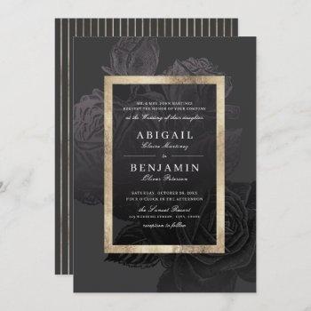 luxe rose black gold vintage botanical wedding invitation