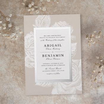 Small Luxe Rose Floral Silver Vintage Botanical Wedding Foil Front View