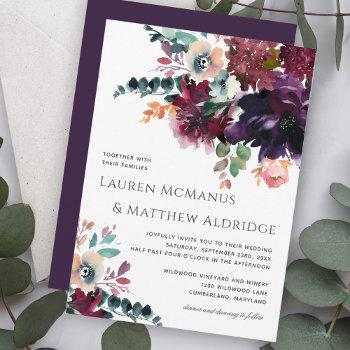luxurious dark purple watercolor bouquet wedding invitation