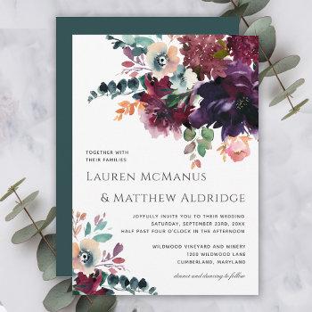 luxurious teal and wine floral wedding invitation