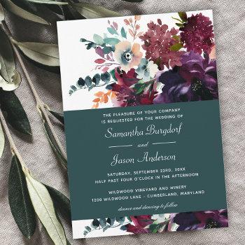 luxurious teal burgundy watercolor floral wedding invitation