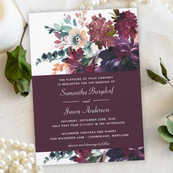 luxurious wine elegant watercolor bouquet wedding invitation
