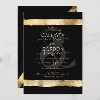 luxury chic black gold brushstroke border wedding invitation