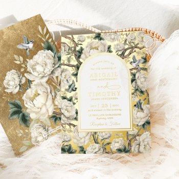 luxury chinoiserie ivory floral birds wedding foil invitation