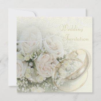 luxury linen wedding bands, roses, doves & lace invitation