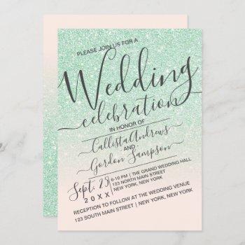 luxury mint pink sparkly glitter ombre wedding invitation