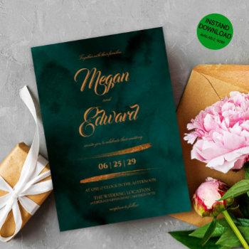 luxury rose gold glitter emerald green wedding invitation