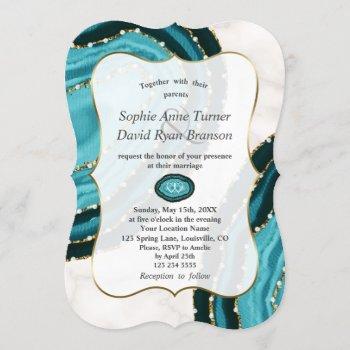 luxury turquoise watercolor agate pearls wedding invitation